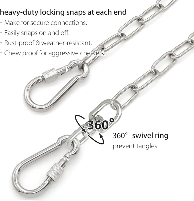 15 ft Dog Chains for Outside - Heavy Duty Tie Out Chain Leash Great for Small to Large Dogs Up to 200Lbs - Chew Proof Long Chain for Yard Camping or Travel (15ft Without Spring)-PurrikoPets