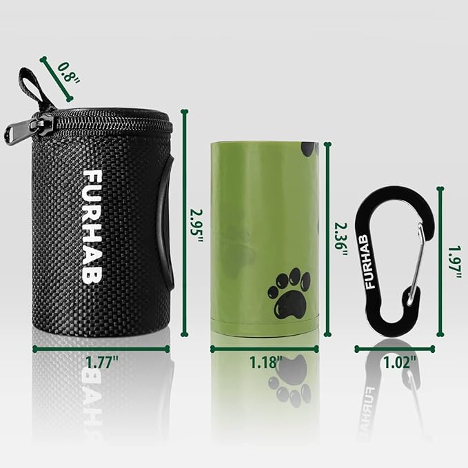 Dog Poop Bag Holder for Leash Doggie Waste Bag Dispenser Soft Fabric Puppy Potty Carrier Small Doggy Zipper Pouch with Carabiner Clip with 1 Roll of Pet Trash Bags, Black-PurrikoPets