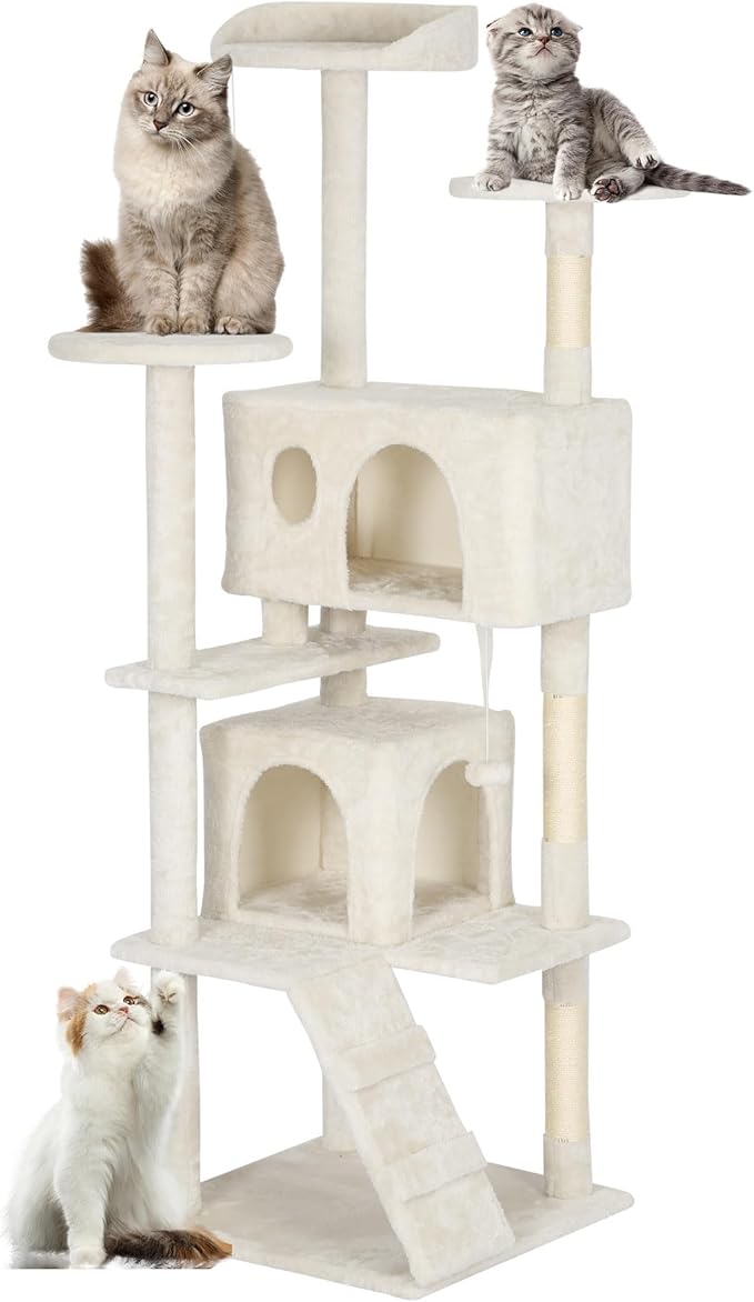FDW Cat Tree Tower 62in Multi-Level Durable Cat Scratching Post & Cozy Fun Jumping Platform Space Saving Condo Pet Play House for Indoor Cats, Beige-PurrikoPets