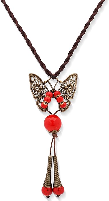 MINACHI Hippie Boho Colorful Ceramic Bead Butterfly Charm Pendant Y Necklace, Vintage Bohemian Statement Jewelry Gift for Women