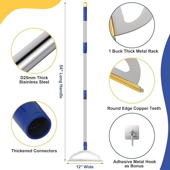 12”Wide Large Metal Carpet Rake Pet Hair Removal Broom, 54" Thicker Handle Low Pile Carpet Brush, Dog Cat Pet Hair Remover, Embedded Fur Pro Clean Removal Tool, Rug Couch Stair Scraper-PurrikoPets