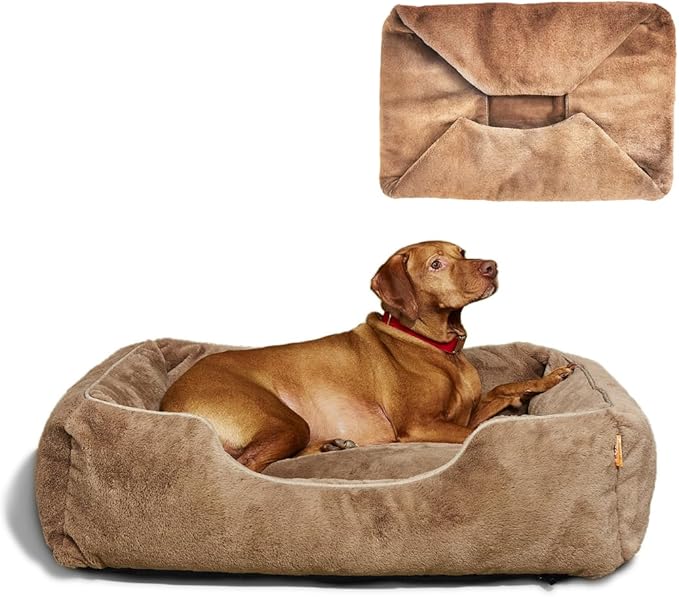 FUZI Luxury Aesthetic Dog Bed with Extra Cover for Medium Dogs, Washable Pet Couch, Pet Bed with Sides, Non-Slip Bottom, Soft & Durable Calming Bed, Faux Rabbit Fur, Medium 31.75x23.6x9.5 Light Brown-PurrikoPets