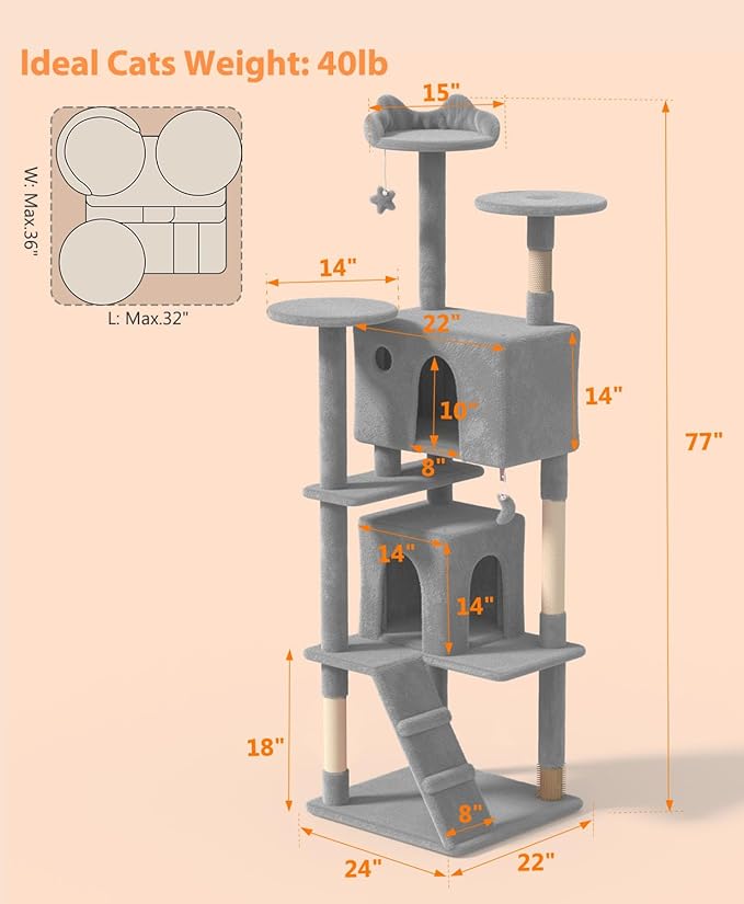 77'' Cat tree Tower for Indoor Cats Large Adult,Cute/Tall Modern Cat Tree for Big Cats 20 lbs,Plush Multi-Level Cat Condo with Scratching Posts,Dangling Ball for fun play(Light Gray, 77 inch)-PurrikoPets