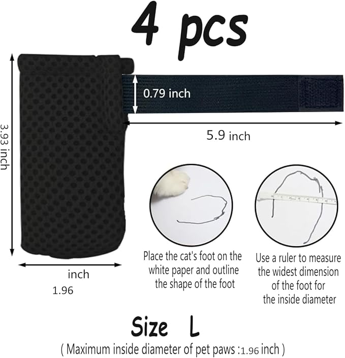 4 PCS Cat Mittens to Prevent Scratching,Mesh Breathable Cat Shoes,Adjustable Cats Anti Scratch Gloves,Suitable for Cats When Bathing and Nail Trimming (Black, L)-PurrikoPets