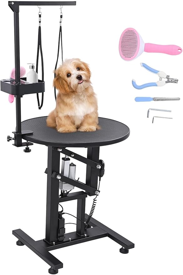 Electric Hydraulic Lift Pet Dog Grooming Table, 24Inch 360° Rotating Grooming Desktop for Small Dogs, with Overhead Arm, Wireless Remote, Tool Organizer, Black-PurrikoPets