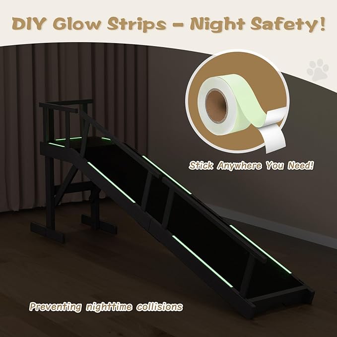61" Dog Ramp for Bed, Pet Ramp with Removable Side Rail and Non-Slip Surface, Pet Ramp for Small & Large & Senior Dogs with Rest Platform and DIY Glow Strips,Dog Stairs for Couch,Black-PurrikoPets