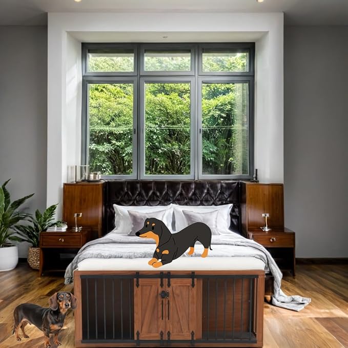 56" L Dog Crate Furniture with Padded Seat, End of Bed Bench Ottoman with Cushion, Wooden Dog Kennel with Pet Stairs & Sliding Barn Door for Bedroom, Living Room, Walnut-PurrikoPets