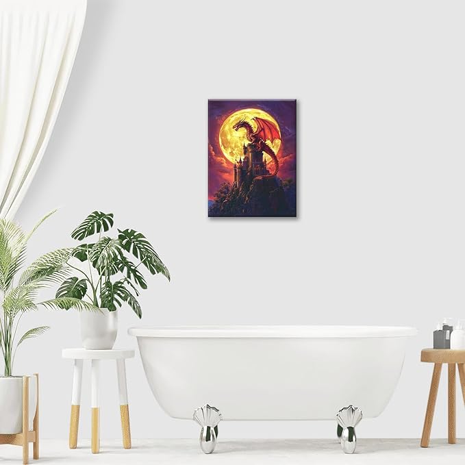 Dragon Bathroom Pictures Wall Art, Red Dragon Castle Bathroom Wall Decor, Framed Painting Canvas Artwork for Bedroom Living Room Decorations 16"L x 12"W-PurrikoPets