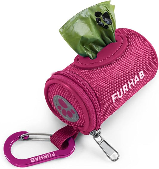 Dog Poop Bag Holder for Leash Doggie Waste Bag Dispenser Soft Fabric Puppy Potty Carrier Small Doggy Zipper Pouch with Carabiner Clip 1680D Nylon Oxford with 1 Roll of Pet Trash Bags, Rose Red-PurrikoPets