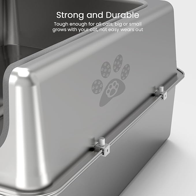 Enclosed Stainless Steel Cat Litter Box with Lid, Oversize Metal Litter Box for Multi Cats, XXXL Supersize Cat Toilet with High Side, Non-Stick, Anti-Leakage, Odorless, with Litter Mat & Litter Scoop-PurrikoPets