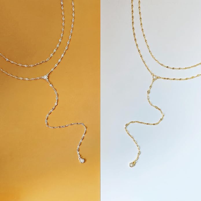 Lariat Silver/Gold Necklace for Women 925 Silver/14K Gold Plated Dainty Long Necklace Y-Shaped Drop Pendant Necklaces Choker Trendy Chain Simple Layered Necklaces CZ Jewelry for Women Set Gift