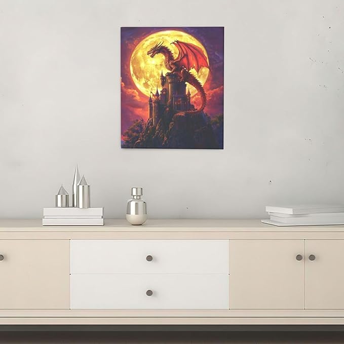 Dragon Bathroom Pictures Wall Art, Red Dragon Castle Bathroom Wall Decor, Framed Painting Canvas Artwork for Bedroom Living Room Decorations 24"L x 20"W-PurrikoPets