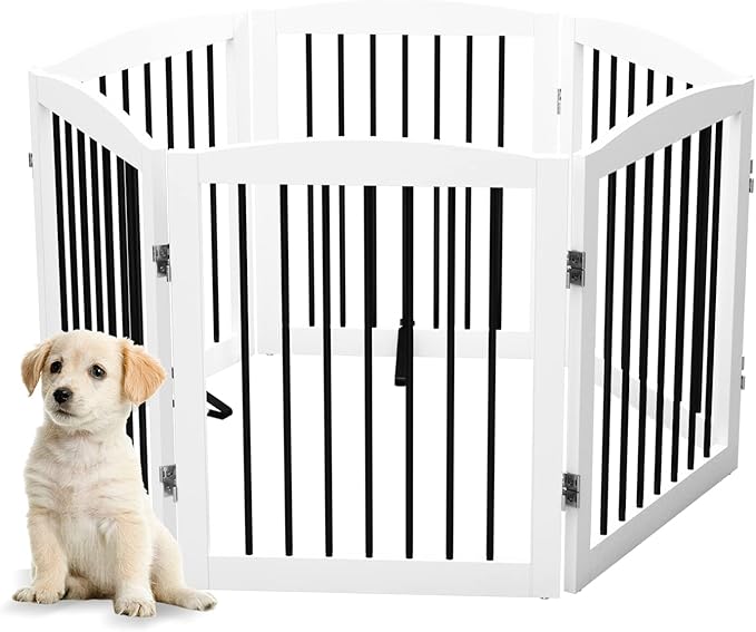 Freestanding Pet Gate for Dogs, Foldable Wooden Dog Gate for House, Extra Wide Indoor Pet Barrier for Stair, Doorway, Hall, Support Feet Included, 120 Inch Wide, 6 Panels 24", White-PurrikoPets