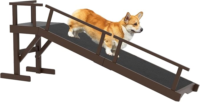 61" Dog Ramp for Bed, Pet Ramp with Removable Side Rail and Non-Slip Surface, Pet Ramp for Small & Large & Senior Dogs with Rest Platform and DIY Glow Strips,Dog Stairs for Couch, Brown-PurrikoPets