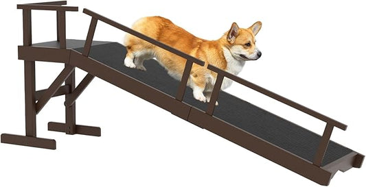 61" Dog Ramp for Bed, Pet Ramp with Removable Side Rail and Non-Slip Surface, Pet Ramp for Small & Large & Senior Dogs with Rest Platform and DIY Glow Strips,Dog Stairs for Couch, Brown-PurrikoPets