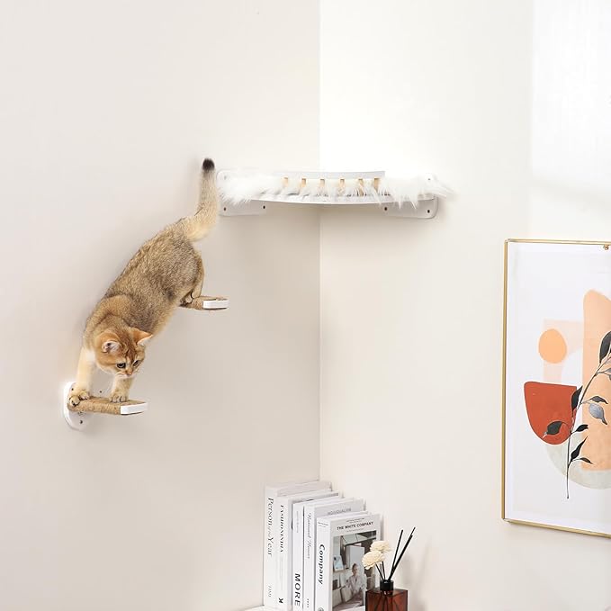 3-in-1 Cat Climbing Wall Steps with Hemp Rope, Shelves and Perches - Wall-Mounted Cat Furniture Set with Scratching Pads (White)-PurrikoPets