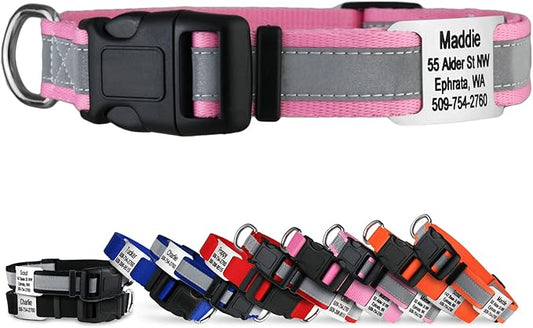 GoTags Reflective Personalized Dog Collar with Nameplate, Adjustable Dog Collar with Custom Engraved Steel Slide On Pet ID Tag, Silent, No Noise Dog Tag for Large Medium or Small (Pink, Small)-PurrikoPets
