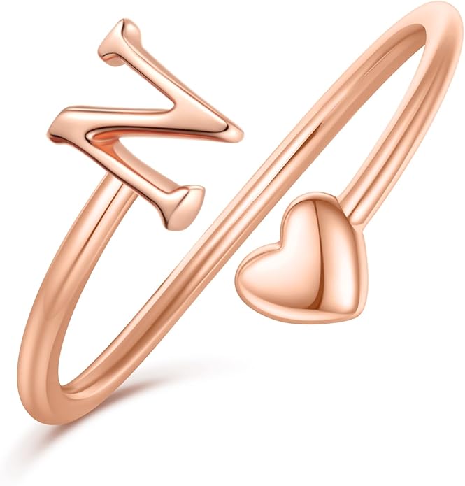 Initial Rings for Women Girls - Valentines Day Gifts for Her, Adjustable Rings for Women Non Tarnish Letter A-Z Dainty Heart Ring Teen Girls Gifts Trendy Stuff Personalized Jewelry Gift