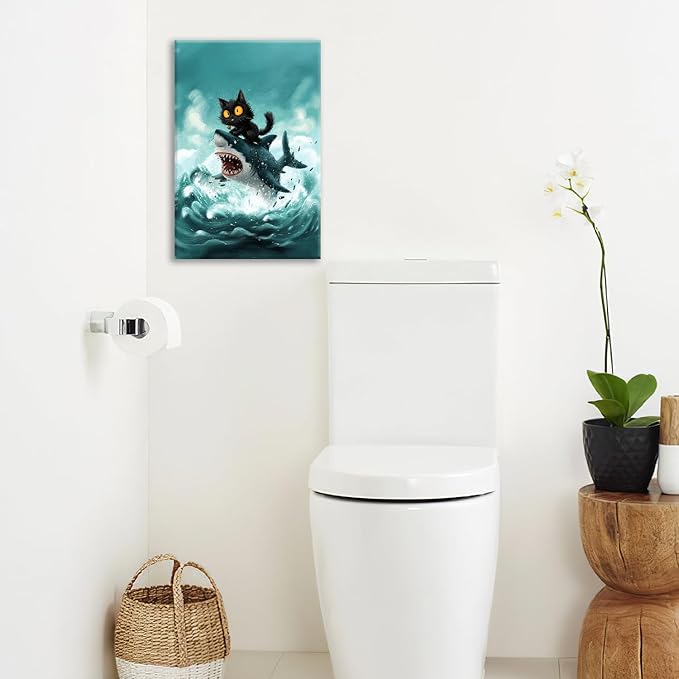Funny Black Cat Bathroom Wall Art Cute Cat Riding Shark Canvas Wall Decor Animal Kitten Pictures Painting Print Artwork Framed Decorations Gifts for Cat Lover Kids Room Bedroom 16"x24"-PurrikoPets