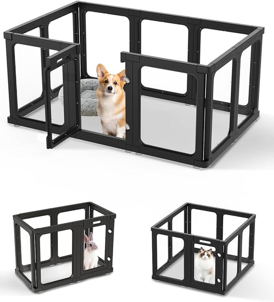 Dog Playpen, Clear Acrylic Plastic Puppy Playpen Indoor, Pet Pen for Puppy Cat Bunny, Transparent Easy Assemble Foldable Whelping Box for Dogs, Puppy Playpen with Gate (23.6" Height, 10PCS)-PurrikoPets