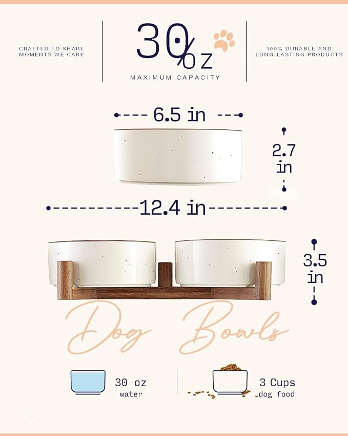 Getstar Ceramic Dog Bowls with Acacia Wood Stand, 30 fl oz, Set of 2, Dog Food Bowl with Colored Rim-PurrikoPets