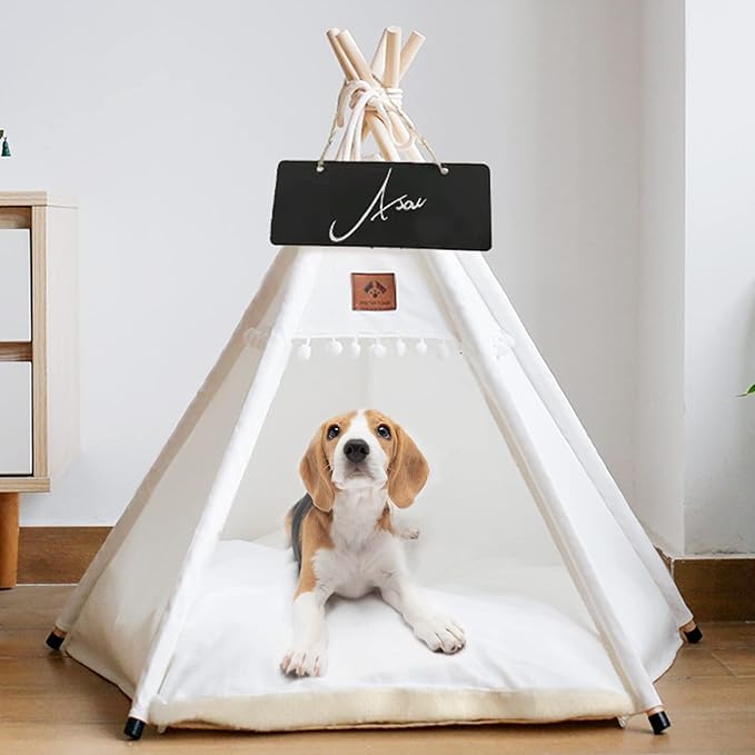 Dog Teepee Pet Tent Portable Dog Houses Puppy Teepee Cat Bed with Thick Cushion-PurrikoPets