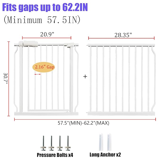 Extra Wide Baby Gates 57.5-62 Inch, Large Metal Safety Gate for Stairs, Doorways - No Drilling, Pressure Mounted Pet Gates for Kids & Dogs-PurrikoPets