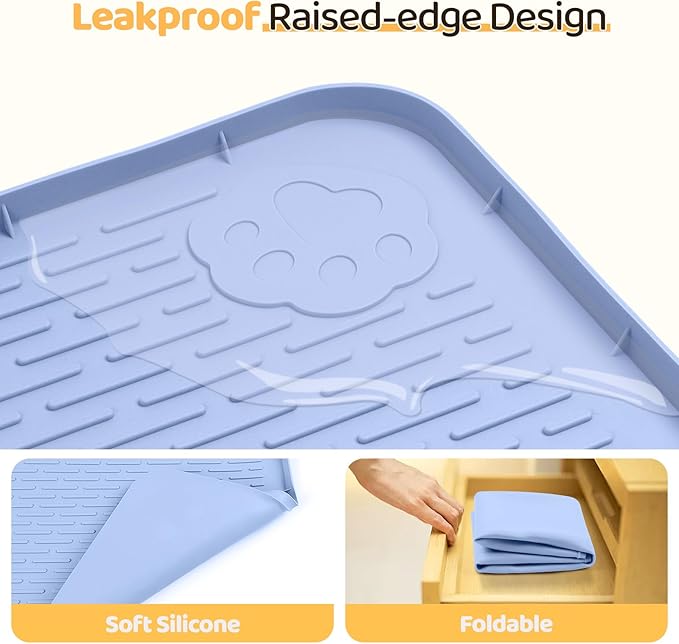 Dog Food Mat, Extra Large 40" x 28" Silicone Pet Feeding Mat with Raised Edge Pet Placemat for Small, Medium, and Large Pets Non-Slip, Easy to Clean (Blue)-PurrikoPets