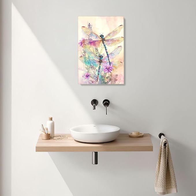 Dragonfly Bathroom Pictures Wall Art, Floral Bathroom Wall Decor, Framed Painting Canvas Artwork for Bedroom Living Room Decorations 24"L x 16"W-PurrikoPets
