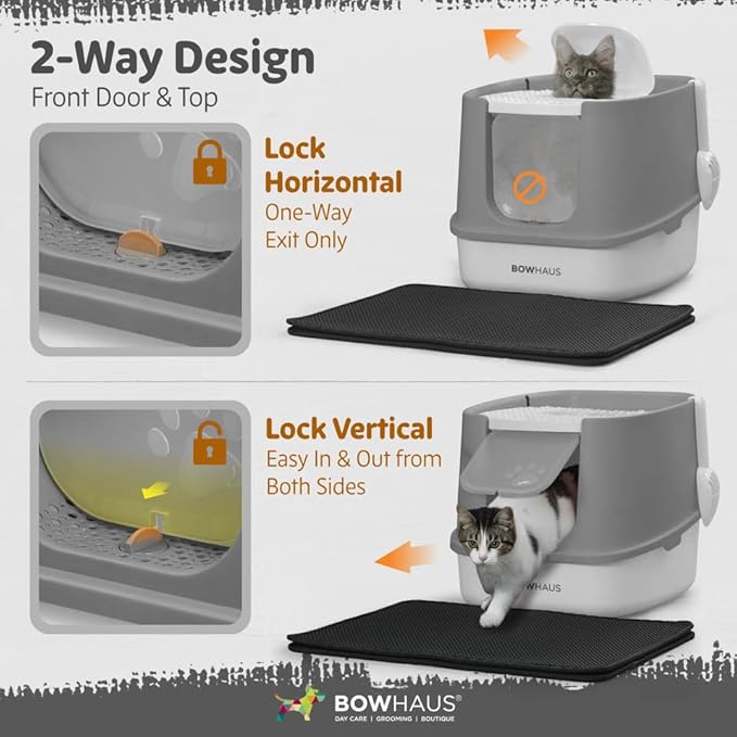 Fully Enclosed Cat Litter Box w/Lid, Scoop, Cat Mat & Odor Fitter, Large Plastic Cat Toilet with Double Door, Anti-Splashing Cat Litter Box with Lockable Front Door, Blue-PurrikoPets