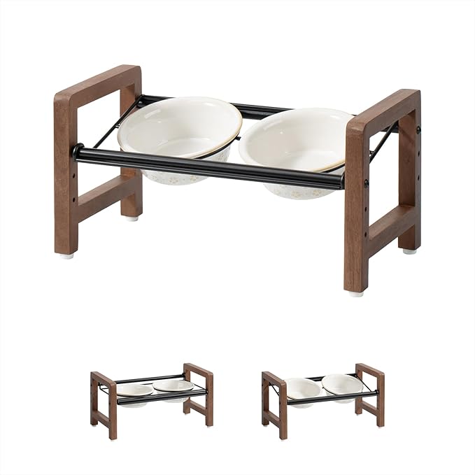 5.5inch Ceramic Adjustable Raised Double Bowls Set with Stand, 3 Heights Elevated, 2 Placement Options,Food and Water Dishes for Puppy, Cats（Double Bowls+Stand, Reactived Glaze -White-PurrikoPets
