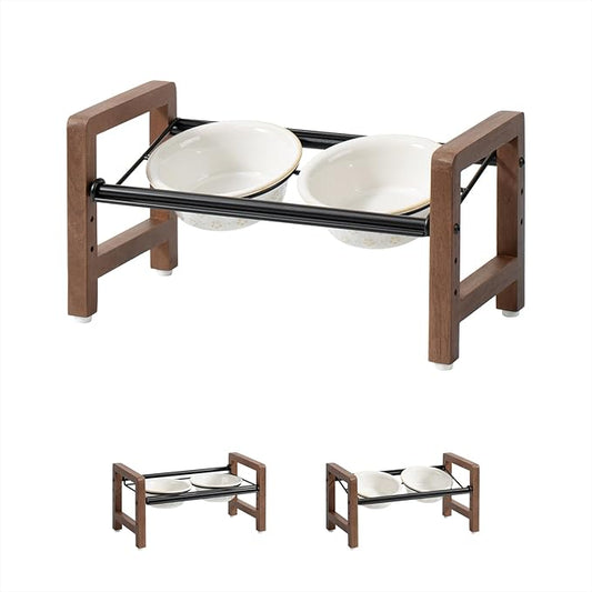 5.5inch Ceramic Adjustable Raised Double Bowls Set with Stand, 3 Heights Elevated, 2 Placement Options,Food and Water Dishes for Puppy, Cats（Double Bowls+Stand, Reactived Glaze -White-PurrikoPets
