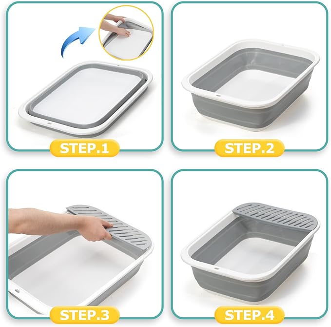 Foldable Cat Litter Box, Large Height-Adjustable Anti-Splash Open Air Kitty Litter Pan, Easy Clean with Scoop (Gray)-PurrikoPets
