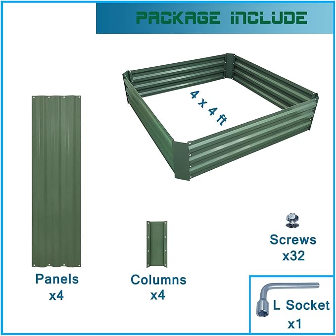 4x4x1ft Metal Raised Garden Bed Kit，Galvanized Garden Bed Box for Vegetables, Flowers, Herbs, and Succulents,120 Gallon Capacity - Green-PurrikoPets