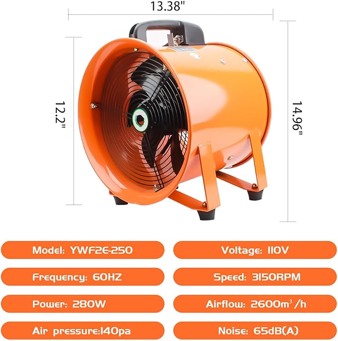 10-Inch High-Velocity Portable Utility Blower Fan, Industrial Exhaust Fan with 16.4ft Flexible Duct Hose, 3150 RPM Low-Noise Ventilator for Basements, Workshops, Warehouses, and Confined Spaces-PurrikoPets