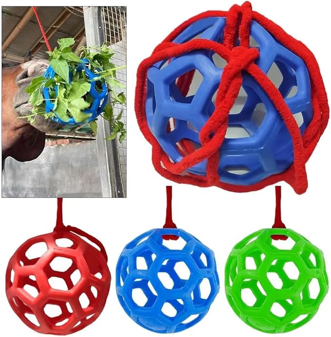 3PCS Hay Feeder Ball Toy for Horses, Goats & Livestock – Rainbow Colors with Hanging Red Cord, Stress Relief & Boredom Prevention (Green, Blue, Red)-PurrikoPets