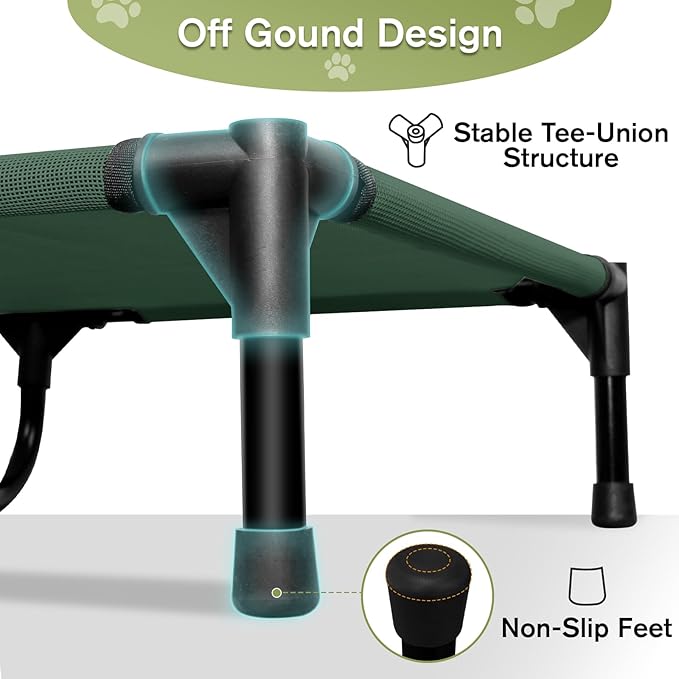 Elevated Dog Bed 42 Inch - Breathable Raised Pet Bed for Large Dogs, Waterproof Dog Cot Bed Easy to Assemble, Durable Portable Pet Cot with Non-Slip Feet, Green-PurrikoPets
