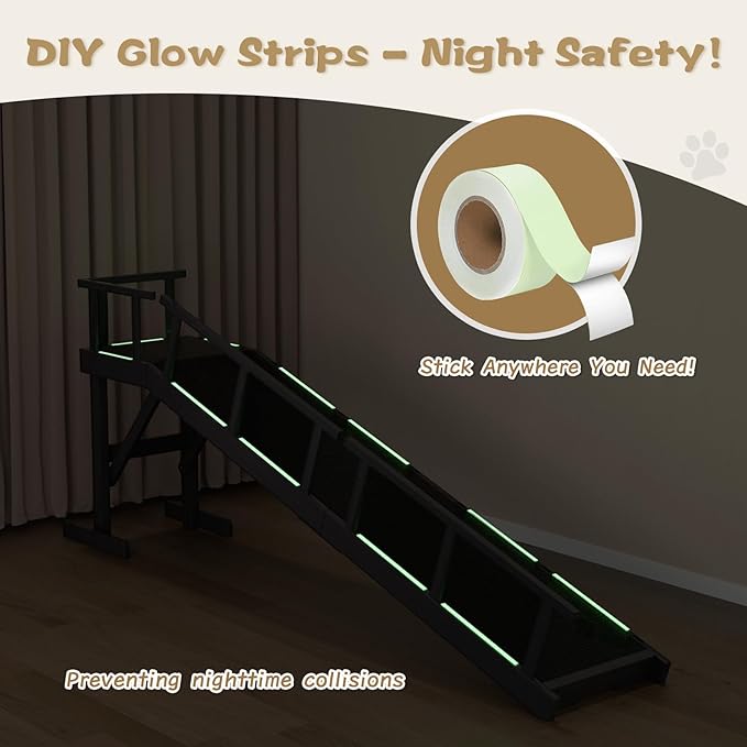 73" Dog Ramp for Bed, Pet Ramp with Removable Side Rail and Non-Slip Surface, Pet Ramp for Small & Large & Senior Dogs with Rest Platform and DIY Glow Strips,Dog Stairs for Couch, Black-PurrikoPets