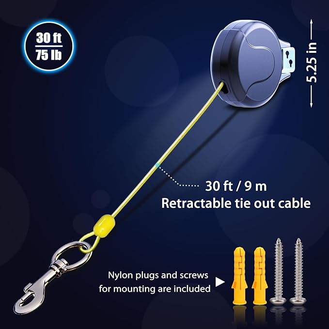 30ft Wall Mount Retractable Dog Tie Out Cable for Small to Large Dogs Between 20-75 lbs, Patented Retractable Dog Lead Great for Yard/Garden - Durable for 70,000 Cycles (Black, 30ft)-PurrikoPets