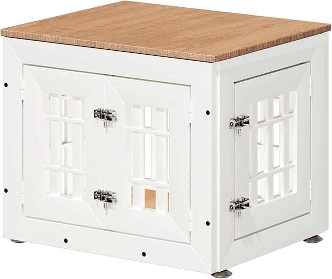 26" Heavy Duty Dog Crate Furniture for Small,Medium and Large Dogs,Rustic Wooden Dog Cage Kennel Indoor Furniture with Waterproof Top,Decorative Pet House Side End Table (White & Wood)-PurrikoPets