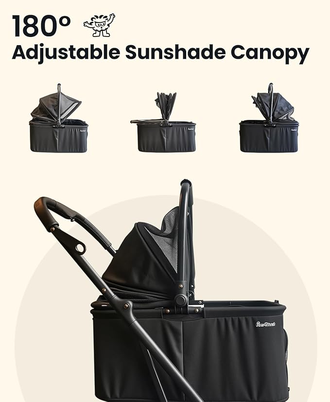 4 Wheels Pet Stroller, Dog Stroller for Small/Medium Dogs and Cats up to 33 lbs, One-Click Fold & Draggable, Removable Carrier, Zipperless Entry, Mesh Windows, Black-PurrikoPets