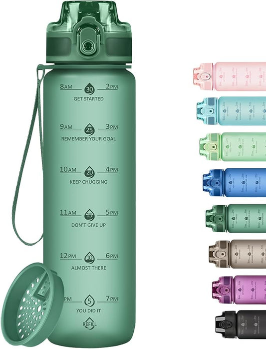 32oz Motivational Water Bottles with Time Marker & Fruit Strainer, Transparent Gradient Color Water Bottle with Times to Drink, Leakproof & BPA Free, Reusable Bottle with Strap (No Straw)-PurrikoPets
