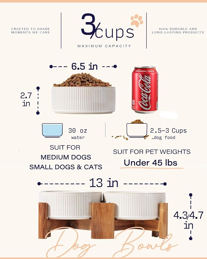 Getstar Ceramic Dog Bowls with Acacia Wood Stand, 30 fl oz, Set of 2, Dog Food Bowl, Cat Bowls (6.5 inches) (Vintage White)-PurrikoPets
