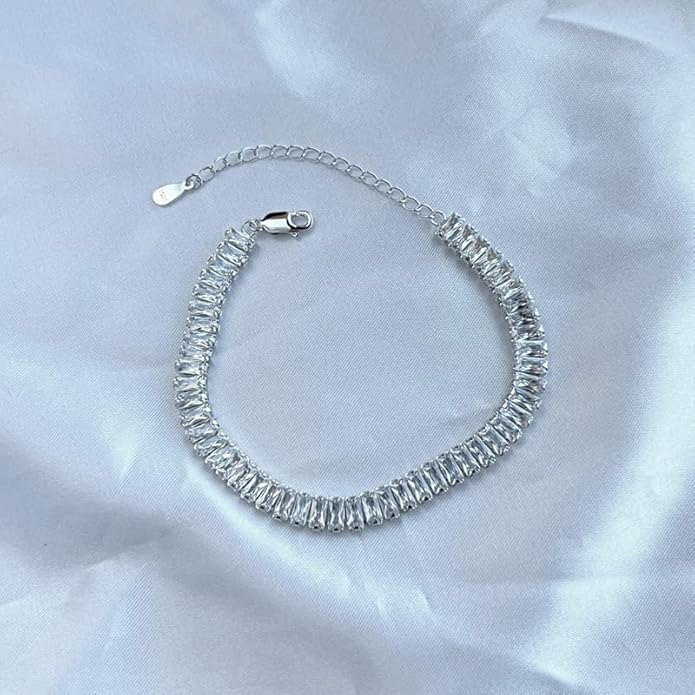 Solid Gold over S925 Sterling Silver Rectangle Cut Moissanite Tennis Bracelet, Geometric Adjustable Link Design, Trendy Gift for Fashion-Forward Women