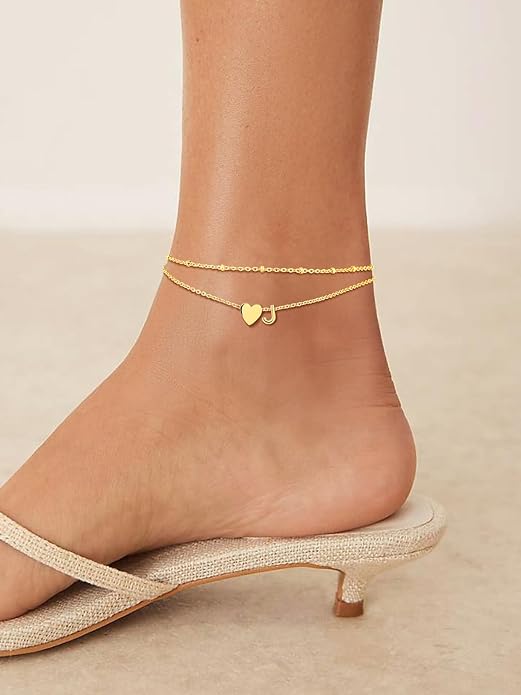 Suplight Stainless Steel Initial Ankle Bracelets for Women Layered Dainty Heart Anklet Beaded Anklets for Women Waterproof Plus Size Ankle Foot Chain Summer Essentials Jewelry(with Gift Box)