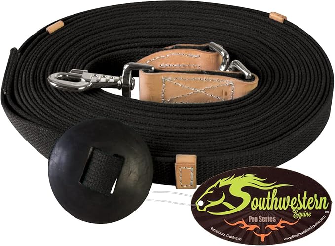 35' Flat Cotton Web Lunge Line with Bolt Snap & Rubber Stop - by Southwestern Equine (35', Black)-PurrikoPets
