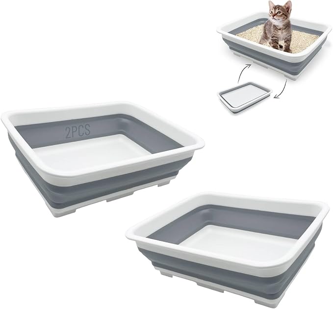 Fhiny 2PCS Open Cat Litter Box, Kitten Potty Pan Semi-Enclosed Foldable Waterproof Travel Toilet Low Entrance for Indoor Cats Small Pet Kitty Rabbit Supplies Easy to Clean and Assemble-PurrikoPets