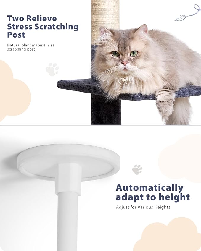 Floor to Ceiling Cat Tree, 5-Tier Height (95-109 inches) - Adjustable Cat Climbing Tower with Sisal Scratching Posts, Cat Condo, Hammock, Platforms, and Hanging Balls-PurrikoPets