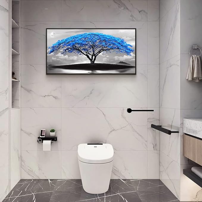 Framed Canvas Wall Art For Living Room Large Size Office Wall Decor Bedroom Decor Wall Pictures Artwork Black And White Landscape Blue Tree Moon Wall Painting Home Decorations Black Frame 20" X 40"-PurrikoPets