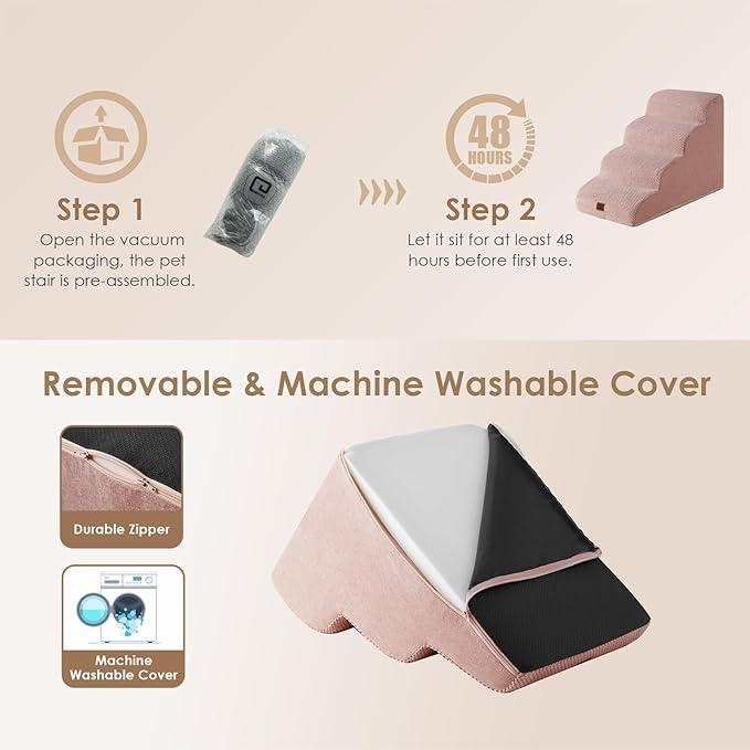 EHEYCIGA Curved Dog Stairs Ramp for High Beds 19.7" H, 4-Step Dog Steps for Small Dogs and Cats, Pet Stairs for High Bed Climbing, Non-Slip Balanced Pet Step Indoor, Dusty Pink-PurrikoPets
